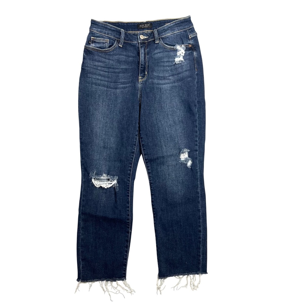 Judy Blue Boyfriend Fit Jeans Sz 7 / 28 Distress Raw Hem Straight Leg Ankle Crop
